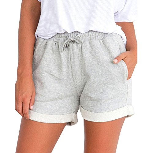 PAOLIAN Pantalones Cortos para Mujer Verano 2018 Casual Pantalones de Vestir Running Playa Sólido Fiesta con Pretina Elástica Algodón Cintura Alta Pantalones Cortos Jogger Deportivos (L, Gris)