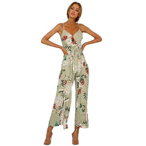 PAOLIAN Pantalones Monos Largos para Mujer Verano 2018 Casual Ropa para Mujer Sling Cuello V Sin Respaldo Pantalones de Vestir Estampado Flores Pantalones Anchos Pretina Cintura Alta (L, Verde)