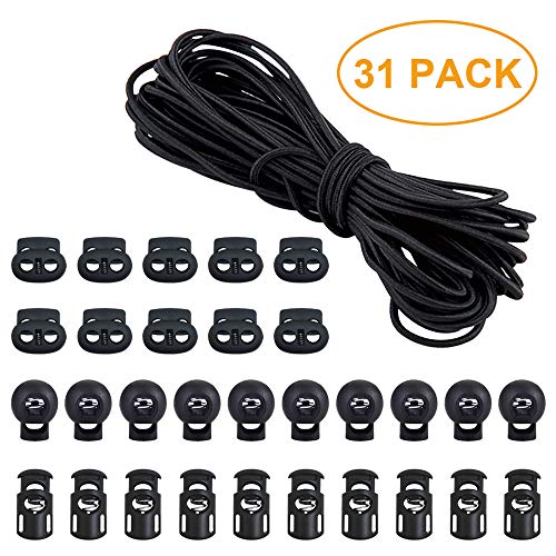 Paquete de 30 cerraduras elásticas de nailon para cables, para cordón elástico con cordón elástico 50m de longitud(Negro)