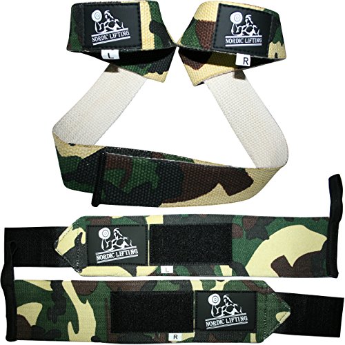 Paquete de muñequeras y correas (2 pares) para levantamiento de pesas, crossfit, entrenamientos, gimnasio, levantamiento de potencia, culturismo, etc., mejor que la tiza y el cuero, para hombres y mujeres, de gran calidad, Camo Green, talla única