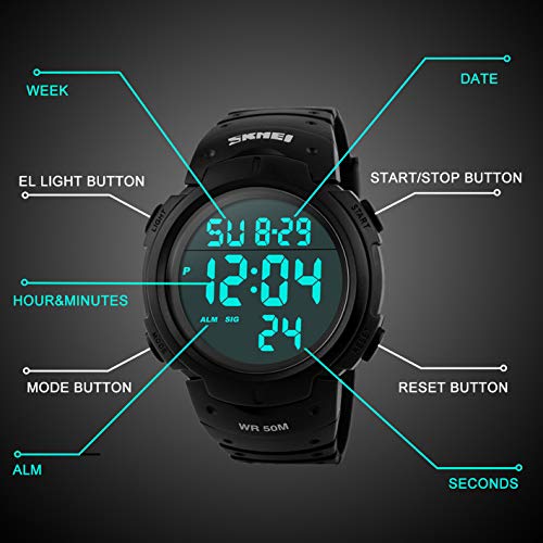 Para la práctica de deportes de los relojes digitales - al aire libre impermeable Deporte Reloj con alarma, Big Face Military muñeca relojes con retroiluminación LED para running hombres - Negro VDSOW