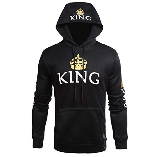 Pareja King & Queen Sudaderas con Capucha Manga Larga Encapuchado Jersey Pull-Over para Hombre y Mujer (Negro, King M+Queen S)