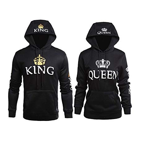 Pareja King & Queen Sudaderas con Capucha Manga Larga Encapuchado Jersey Pull-Over para Hombre y Mujer (Negro, King M+Queen S)