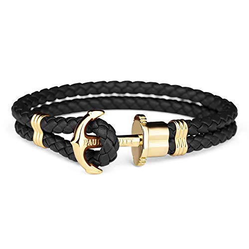 Paul Hewitt Pulsera para Hombre o Mujer PHREP - Pulsera de Cuero Negro Marino con Ancla, Brazalete de Hombre o Mujer con Cuerda de Vela y Ancla, Accesorio de Acero Inoxidable bañado en Oro