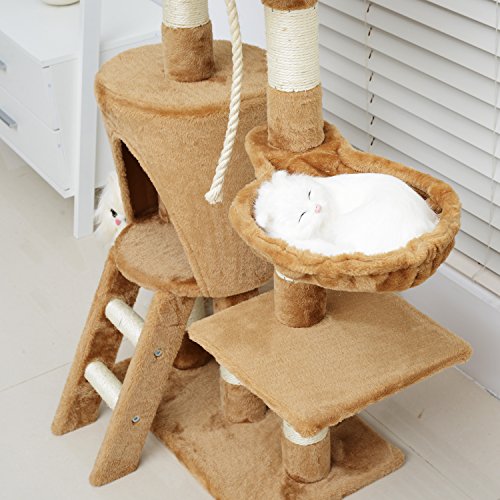 Pawhut Árbol para Gatos Rascador con Nido Plataforma Caseta Escalera Cuerda de Juego 30x55x96cm Tablero de Madera y Cubierto de Felpa Marrón