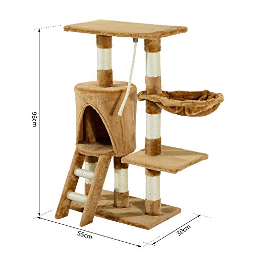 Pawhut Árbol para Gatos Rascador con Nido Plataforma Caseta Escalera Cuerda de Juego 30x55x96cm Tablero de Madera y Cubierto de Felpa Marrón