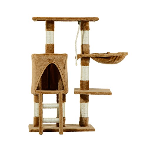 Pawhut Árbol para Gatos Rascador con Nido Plataforma Caseta Escalera Cuerda de Juego 30x55x96cm Tablero de Madera y Cubierto de Felpa Marrón