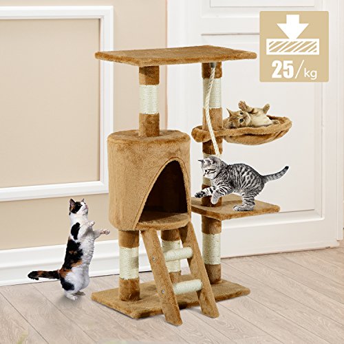 Pawhut Árbol para Gatos Rascador con Nido Plataforma Caseta Escalera Cuerda de Juego 30x55x96cm Tablero de Madera y Cubierto de Felpa Marrón