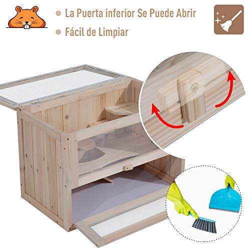 Pawhut Jaula Madera para Hámster Ratoncillos Roedores Casa para Animales Pequeños 2 Niveles 60x35x42cm