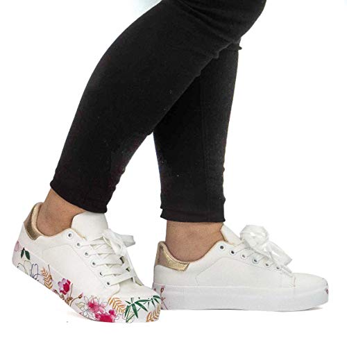 PAYMA - Zapatillas Bambas Deportivas Plataforma Mujer. Tenis Deporte, Casual y Caminar. Cierre Cordones. Interior Acolchado. Piso Eco Print Floral y Blanco.