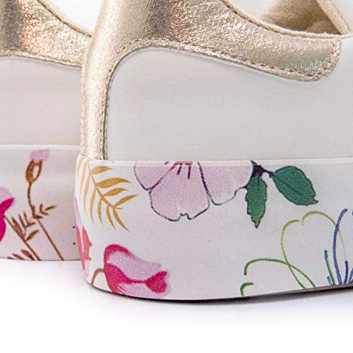 PAYMA - Zapatillas Bambas Deportivas Plataforma Mujer. Tenis Deporte, Casual y Caminar. Cierre Cordones. Interior Acolchado. Piso Eco Print Floral y Blanco.