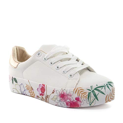 PAYMA - Zapatillas Bambas Deportivas Plataforma Mujer. Tenis Deporte, Casual y Caminar. Cierre Cordones. Interior Acolchado. Piso Eco Print Floral y Blanco.