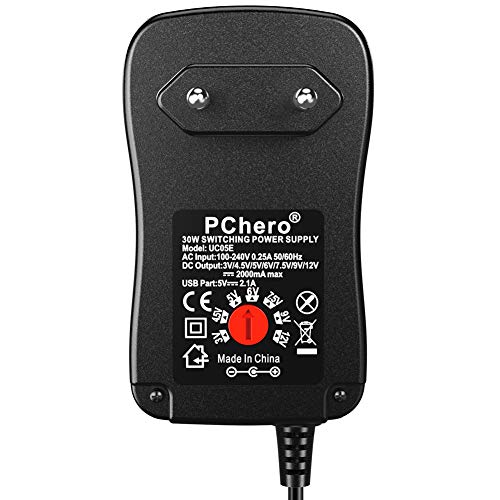 PChero 30W Fuente de Alimentación Universal de AC DC 3V / 4,5V / 5V / 6V / 7,5V / 9V / 12V, con 9pcs Adaptador de Punta de DC y Ranura USB - 2000mA