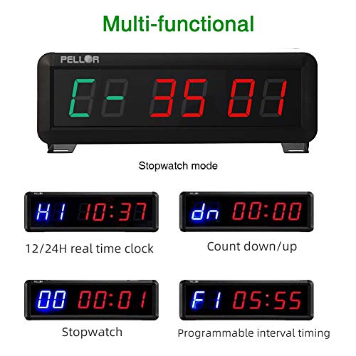 PELLOR Temporizador con Pantalla LED, Reloj de Pared 4/6 Dígitos LED Temporizador de Intervalos, Reloj en Tiempo Real de 12/24 Horas, Gym Temporizador con Mando a Distancia (Volumen Ajustable)