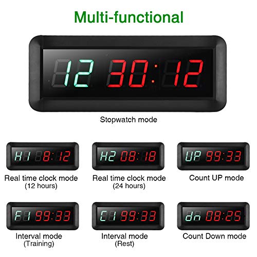 PELLOR Temporizador con Pantalla LED, Reloj de Pared 6Dígitos LED Temporizador de Intervalos, Reloj en Tiempo Real de 12/24 Horas, Gym Temporizador con Control Remoto (Volumen Ajustable)