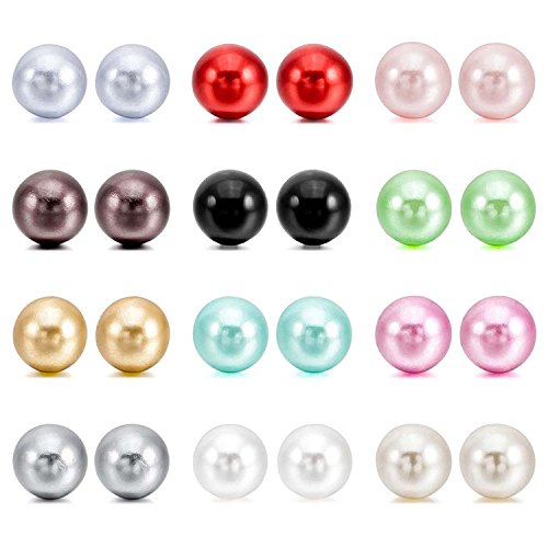 Perlas de imitacion Pendientes Conjunto - TOOGOO(R)4~10mm 24 Pieza Acero Inoxidable Resina Semental Pendientes Conjunto Set (12 Pares) Mujer