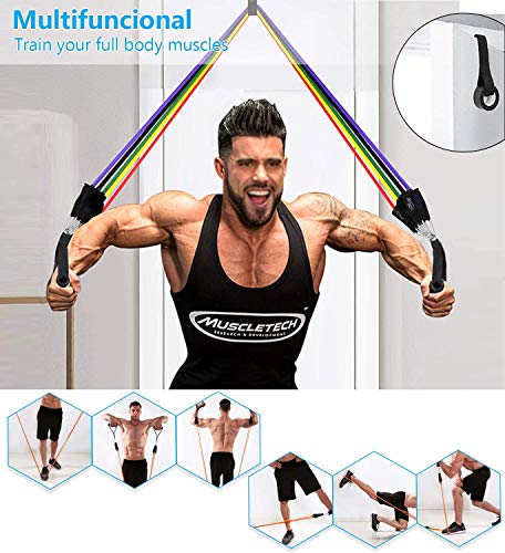 PEYOU Bandas Elásticas, 13pcs/100LBS Látex Bandas de Resistencia Set, Guía de E-Book, 5 Tubos de Ejercicios, Asas, Correas de Tobillo, Anclaje y Bolso, para Fitness, Culturismo, Yoga, Hombre y Mujer