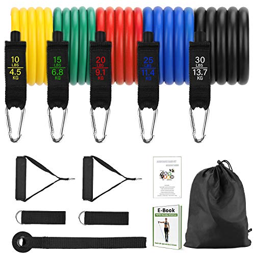 PEYOU Bandas Elásticas, 13pcs/100LBS Látex Bandas de Resistencia Set, Guía de E-Book, 5 Tubos de Ejercicios, Asas, Correas de Tobillo, Anclaje y Bolso, para Fitness, Culturismo, Yoga, Hombre y Mujer
