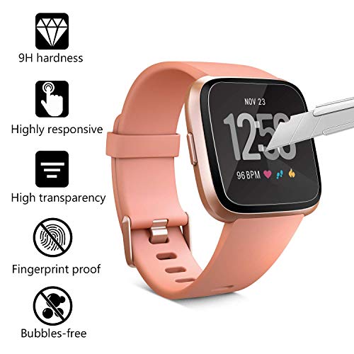 PEYOU Protector de Pantalla para Fitbit Versa, 4 Unidades Cristal Templado Protector de Pantalla con 9H Dureza, Anti-Rasguños, Ultra-Trasparente, Sin Burbujas para Fitbit Versa