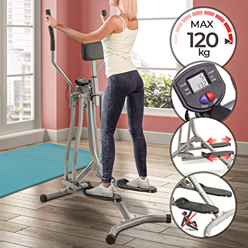 Physionics Bicicleta Elíptica - con Pantalla LCD, Pulsómetro y Soporte Abdominal, de Acero - Cross-Trainer, Máquina de Correr, Air Walker, Caminador, Stepper