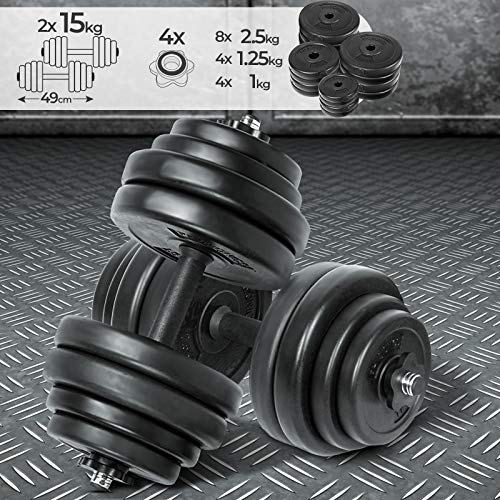 Physionics Juego de 2 Mancuernas de Fitness de 30 kg (2 x 15 kg) Pesas Musculación Discos y Barras