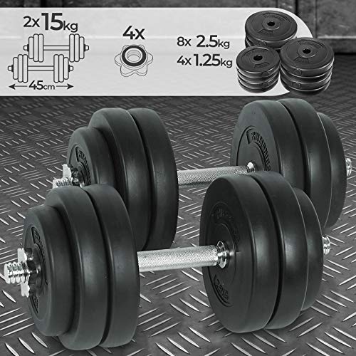 Physionics Juego de 2 Mancuernas de Fitness de 30 kg (2 x 15 kg) Pesas Musculación Discos y Barras
