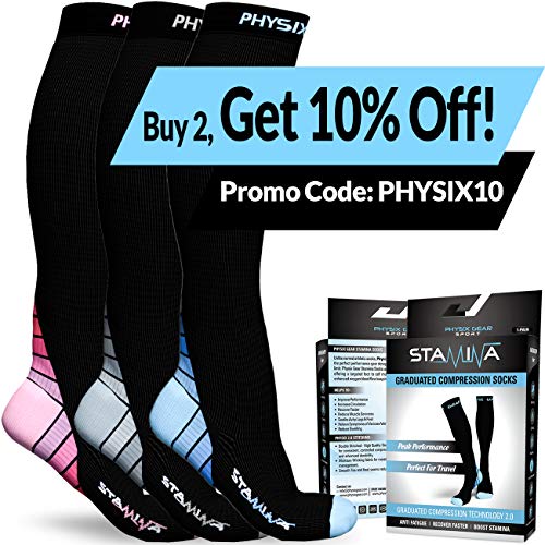 Physix Gear Sport Calcetines de compresión, los Mejores Calcetines compresión Mujer y Hombre para el Dolor de pies y Gemelos, Medias de compresión Hombre y Mujer, 1 par, L/XL, Negro/Azul