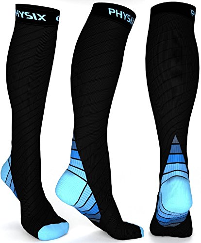 Physix Gear Sport Calcetines de compresión, los Mejores Calcetines compresión Mujer y Hombre para el Dolor de pies y Gemelos, Medias de compresión Hombre y Mujer, 1 par, L/XL, Negro/Azul