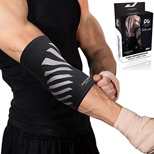 Physix Gear Sport Coderas Deportivas de Neopreno, Las Mejores Coderas epicondilitis para Hombre y Mujer, Coderas para tendinitis, Codo Golfista y Codo tenista, 1 Pack, S, Gris/Negro