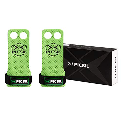 PICSIL Calleras Azor para Cross Training 2 Agujeros Agarre y Protector de Mano o Guantes para Gimnasia Unisex para Hombres y Mujeres en Deportes de Fitness Calistenia Halterofilia (Talla S, Verde)