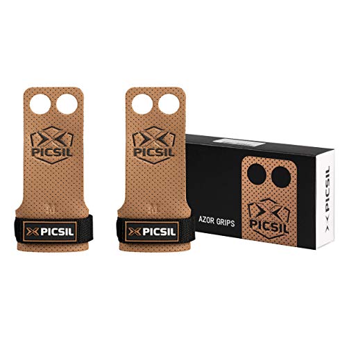 PICSIL Calleras Azor para Cross Training 2 Agujeros Agarre y Protector de Mano o Guantes para Gimnasia Unisex para Hombres y Mujeres en Deportes de Fitness Calistenia Halterofilia (Talla S, Marrón)