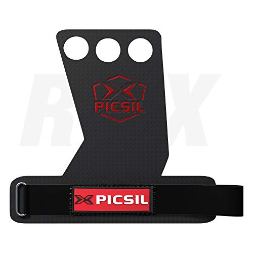 PicSil Calleras RX Carbon para Cross Training 3 Agujeros Agarre y Protector de Mano o Guantes para Gimnasia Unisex para Hombres y Mujeres en Deportes Calistenia Halterofilia (Talla XL, Rojo)