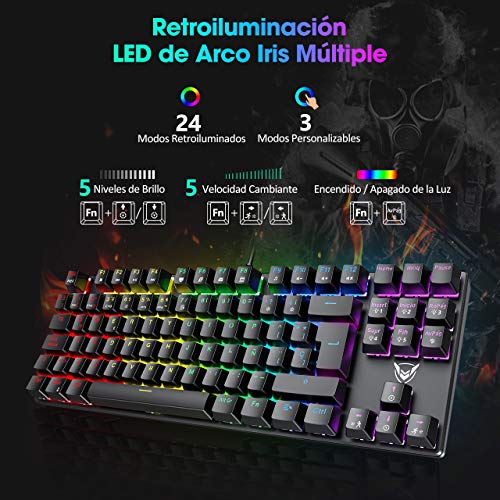 PICTEK Teclado Mecánico Switch Blue con Luz, Teclado Gaming Español LED Rainbow con Switch Azul, 87 Teclas Anti-Ghosting para PC/Mac con Windows - Negro