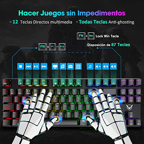 PICTEK Teclado Mecánico Switch Blue con Luz, Teclado Gaming Español LED Rainbow con Switch Azul, 87 Teclas Anti-Ghosting para PC/Mac con Windows - Negro