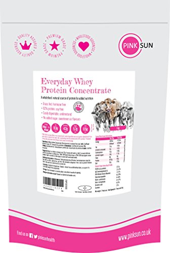 PINK SUN Concentrado de Proteína de Suero 1kg Hierba alimentada sin Hormonas Neutro sin Sabor sin Gluten sin Soja Everyday Whey Protein Concentrate Powder (82% protein) Grass fed Unflavoured 1000g