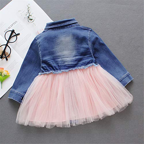 PinkLu NiñO Infantil Bebé NiñAs Denim Tutu Tul Princesa Vestidos Trajes Falda De Mezclilla De Costura De Manga Larga para NiñOs Falda con Malla Vestido De Princesa