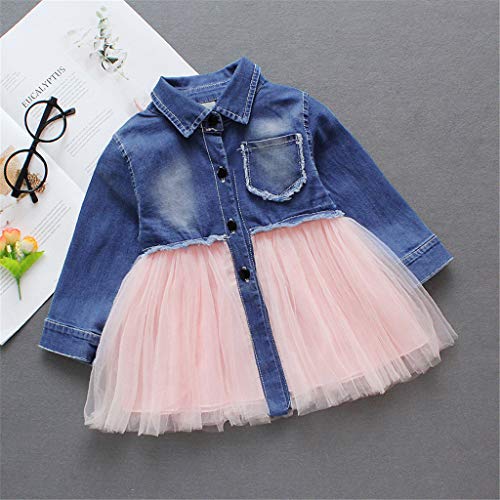 PinkLu NiñO Infantil Bebé NiñAs Denim Tutu Tul Princesa Vestidos Trajes Falda De Mezclilla De Costura De Manga Larga para NiñOs Falda con Malla Vestido De Princesa