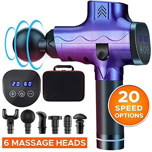 Pistola de Masaje Muscular, O'woda Masajeador de Músculos de Tejido Profundo de Mano,20 Niveles Ajustables,6 Cabezas de Masaje,Pantalla LCD HD,Ultra Silenciosos,Relajación Recuperación Fatiga (Morado)