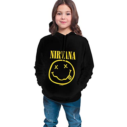 PKLUAS Sudadera con capucha para niños y niñas, con impresión digital 3D Nirvana, sudadera con capucha, informal, con bolsillos (S-XL), poliéster, negro, M(10-12)