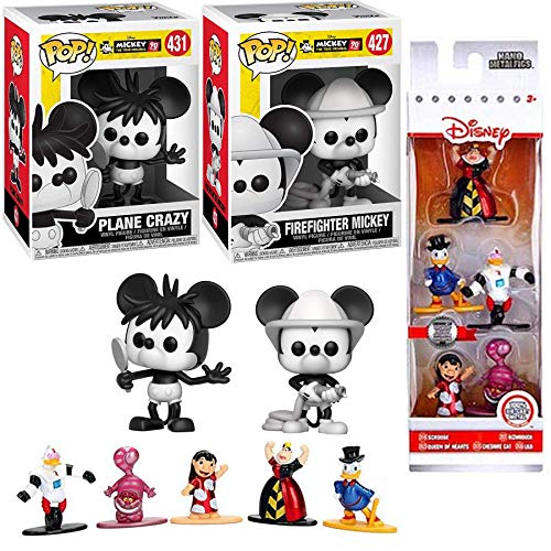 PlaneFire Mickey Pop! Mouse Firefighter B&W Vinyl #426 Bundled with Plane Crazy Black & White #431 True Original & Character Nano Figure Movie Favorites Alice Wonderland / Scrooge Ducktales 3 Items