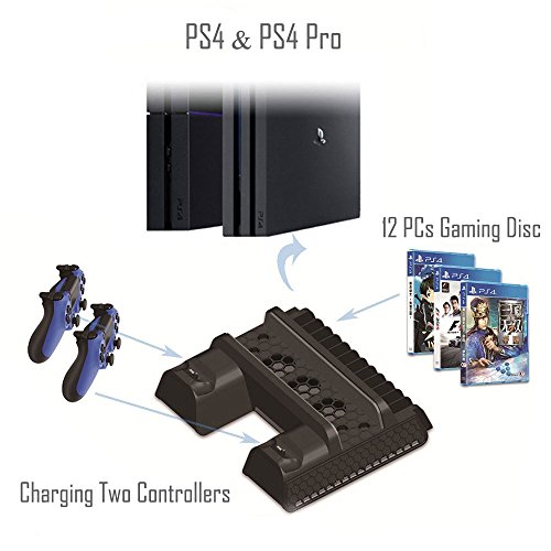 PlayStation Soporte Vertical con Ventiladores de Refrigeración, Estación de Carga de Mandos Cargador y USB Hub, 12 juegos Stand, DualShock Controller Charger Station para PS4, PS4 Slim, PS4 Pro