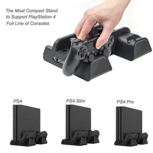 PlayStation Soporte Vertical con Ventiladores de Refrigeración, Estación de Carga de Mandos Cargador y USB Hub, 12 juegos Stand, DualShock Controller Charger Station para PS4, PS4 Slim, PS4 Pro