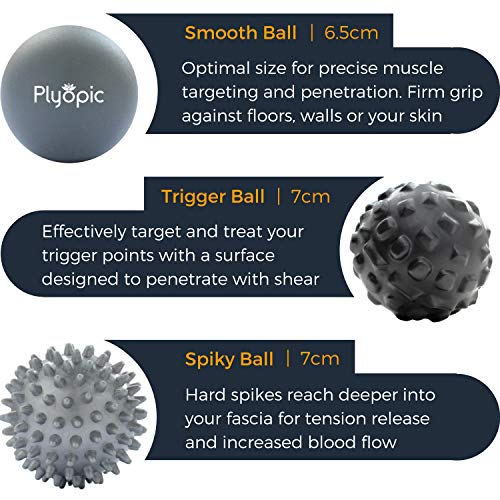 Plyopic Bolas de Masaje – (Set de 3 Massage Balls) – para Automasaje, Liberación Miofascial, Trigger Point, Crossfit y Fascitis Plantar. Elimina Dolores Musculares: Espalda Cuello Piernas Pies etc.