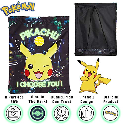 Pokemon Mochila de Cuerdas Niño, Bolsa de Tela Estampado Pikachu, Mochila Niño Que Brilla en la Oscuridad, Bolsa de Deporte Bolsa Viaje, Regalos Para Niños Adolescentes Adultos