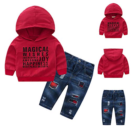 POLP Sudadera con Capucha Estampada con Letras de Manga Larga para niños Top + Traje de Dos Piezas de Jeans Unisex Ropa niño otoño Invierno 2PCS