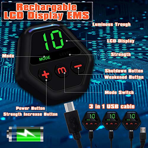 POOTACK EMS Electroestimulador Muscular Abdominales Cinturón con Pantalla LCD, USB Recargable, 10 Modos, 20 Niveles Diferentes y 10 Piezas de Almohadillas de Gel para Abdomen/Cintura/Pierna/Brazo