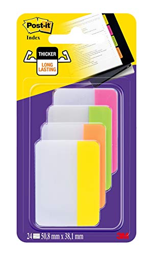 Post-it 686- PLOY Index Strong - Banderitas separadoras (4 colores x 6 unidades, 50,8 x 38 mm), color rosa, verde, naranja y amarillo