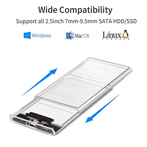 POSUGEAR USB C Carcasa Disco Duro 2.5", Caja Disco Duro Externo de HDD SSD SATA I/II/III de 7mm 9.5mm de Altura, USB C Gen 2(6 Gbps) Sopporta UASP, No Requiere Herramientas [Transparente]