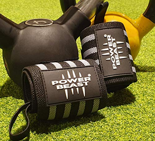 Power Beast Muñequeras Crossfit | Wrist Wraps Elásticas para Pesas, Gym, Fitness, Calistenia, Musculación, Halterofilia | Muñequera Deporte para Hombre y Mujer | 1 Par, Talla única, Longitud: 56 cm