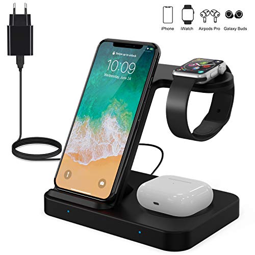 POWERGIANT Cargador Inalámbrico Rápido - Estación de Carga 15W Rápida QI 3 en 1 Soportes de Carga de para Apple Watch Airpords Pro/2 Galaxy Buds iPhone 11 8 X Pro Max Samsung Galaxy S10 S9 S8 S7